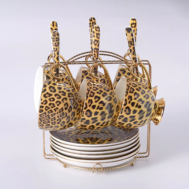 ALDO > Kitchen & Dining > Tableware > Dinnerware Six Cups Saucers and Spoons / porcelain / new Leopard Style Luxury Coffee and Tea Porcelain 24 Karat Gold Plated Sets For Six