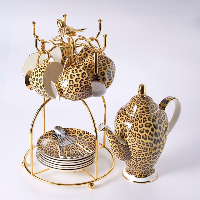 ALDO > Kitchen & Dining > Tableware > Dinnerware Six Cups Saucers and Spoons Ruck and Teapot / porcelain / new Leopard Style Luxury Coffee and Tea Porcelain 24 Karat Gold Plated Sets For Six