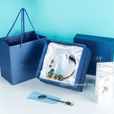 ALDO > Kitchen & Dining > Tableware > Dinnerware Toll style Cup with Blue Rose / crystal glass / new Transparent Glass Coffee Tea Mug Blue and Red Roses Heat-Resistant Cup Gift Sets Set with Stainless Steel Spoon and Coaster
