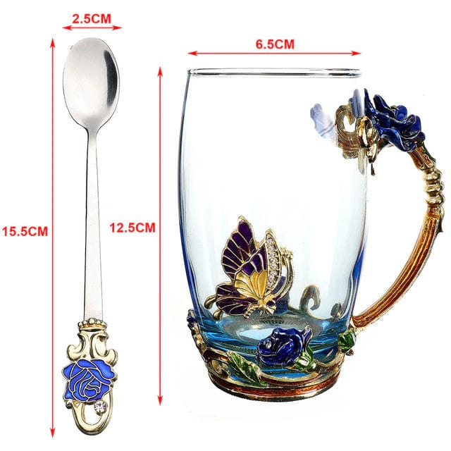 ALDO > Kitchen & Dining > Tableware > Dinnerware Toll style Cup with Blue Rose / crystal glass / new Transparent Glass Coffee Tea Mug Blue and Red Roses Heat-Resistant Cup Set with Stainless Steel Spoon, Coaster and Wipe Cloth