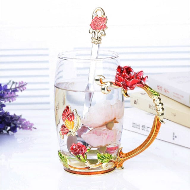 ALDO > Kitchen & Dining > Tableware > Dinnerware Toll style Cup with Red Rose / crystal glass / new Transparent Glass Coffee Tea Mug Blue and Red Roses Heat-Resistant Cup Set with Stainless Steel Spoon, Coaster and Wipe Cloth