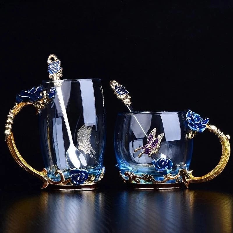 ALDO > Kitchen & Dining > Tableware > Dinnerware Transparent Glass Coffee Tea Mug Blue and Red Roses Heat-Resistant Cup Gift Sets Set with Stainless Steel Spoon and Coaster
