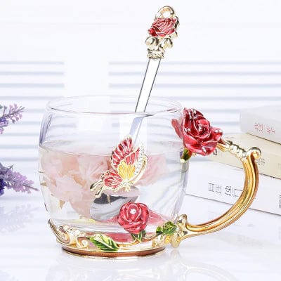 ALDO > Kitchen & Dining > Tableware > Dinnerware Transparent Glass Coffee Tea Mug Blue and Red Roses Heat-Resistant Cup Gift Sets Set with Stainless Steel Spoon and Coaster