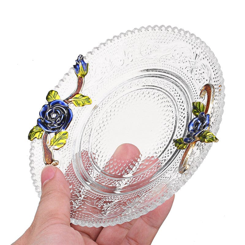 ALDO > Kitchen & Dining > Tableware > Dinnerware Transparent Glass Coffee Tea Mug Blue and Red Roses Heat-Resistant Cup Set with Stainless Steel Spoon, Coaster and Wipe Cloth