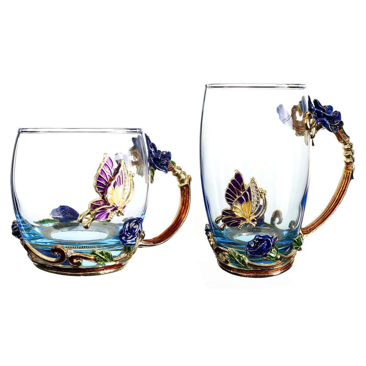 ALDO > Kitchen & Dining > Tableware > Dinnerware Transparent Glass Coffee Tea Mug Blue and Red Roses Heat-Resistant Cup Set with Stainless Steel Spoon, Coaster and Wipe Cloth