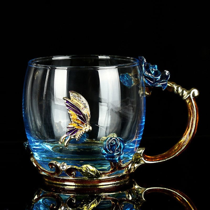 ALDO > Kitchen & Dining > Tableware > Dinnerware Transparent Glass Coffee Tea Mug Blue and Red Roses Heat-Resistant Cup Set with Stainless Steel Spoon, Coaster and Wipe Cloth
