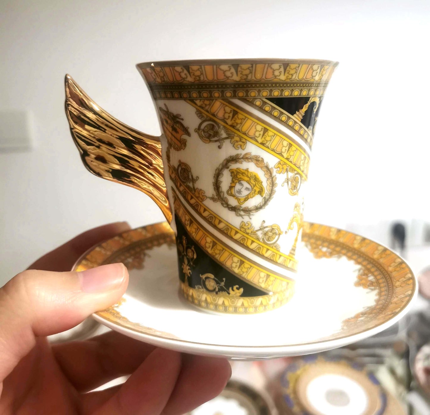 ALDO > Kitchen & Dining > Tableware > Dinnerware Two Cups and Saucers / porcelain / new Versace Style Golden Luxury Coffee and Tea Porcelain Gold Plated Sets