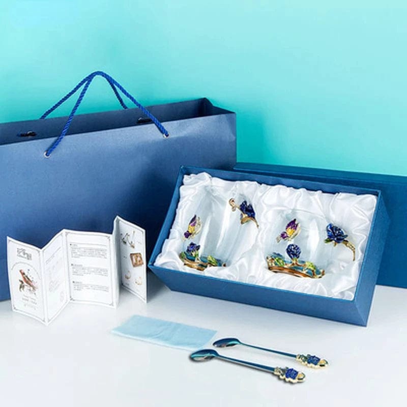 ALDO > Kitchen & Dining > Tableware > Dinnerware Two Cups Short and Toll Set With Blue Rose / crystal glass / new Transparent Glass Coffee Tea Mug Blue and Red Roses Heat-Resistant Cup Gift Sets Set with Stainless Steel Spoon and Coaster