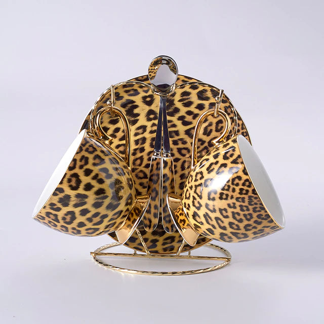 ALDO > Kitchen & Dining > Tableware > Dinnerware Two Cups Two Saucers and Spoons / porcelain / new Leopard Style Luxury Coffee and Tea Porcelain 24 Karat Gold Plated Sets For Six