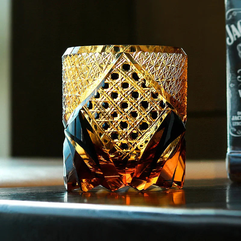ALDO Kitchen & Dining > Tableware > Drinkware Amber Gem Royal Court Whiskey Glass Japanese Edo Kiriko Crystal Whiskey Glass Diamond Cut