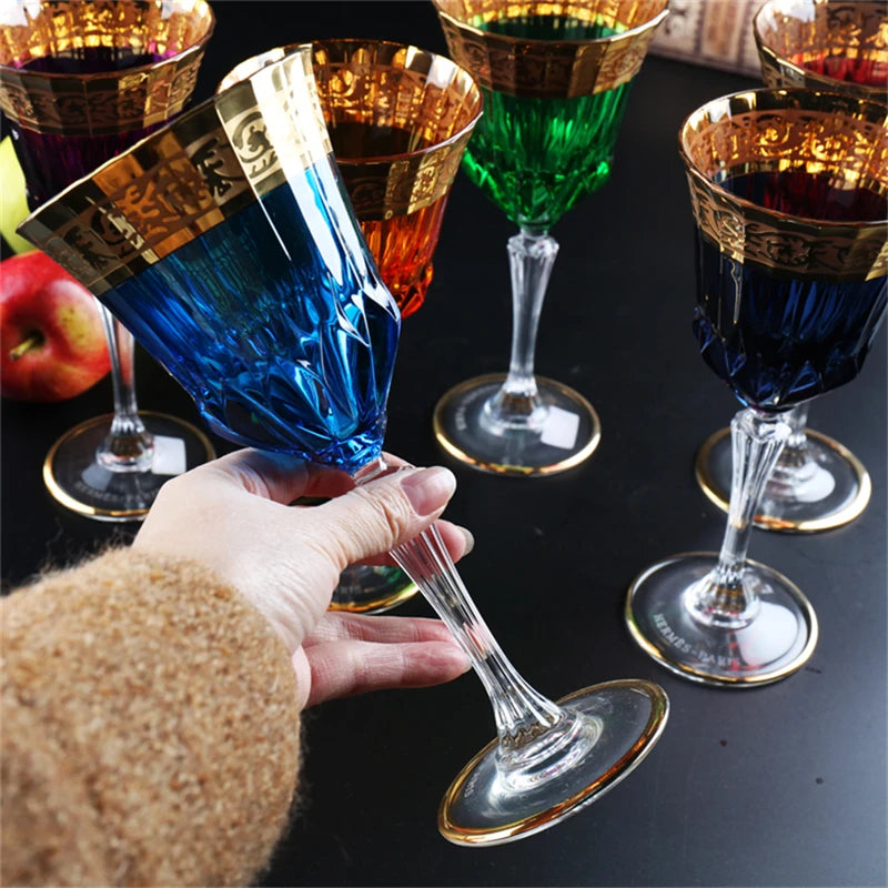 ALDO Kitchen & Dining > Tableware > Drinkware Blue Luxury Bohemian Lead Free Hand Cut and Hand Blown Crystal Multicolor Wine Goblets Champagne Glasses with Real Gold leaf