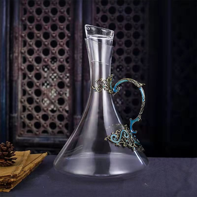 ALDO Kitchen & Dining > Tableware > Drinkware Four Enamel Wine Glasses and One Wine Decanter Set / Crystal / Wine Glass: 21.5 x 6.7 x 6.5cm. Decanter: 24cm x 19 cm x 5.5 cm Custom Made Vintage Enamel Lead Free Crystal Goblets Wine Glasses and Wine Decanter Set
