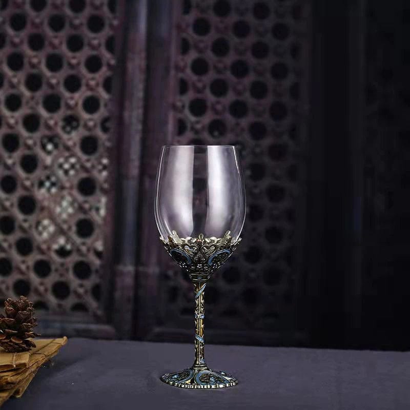 ALDO Kitchen & Dining > Tableware > Drinkware Four Enamel Wine Glasses and One Wine Decanter Set / Crystal / Wine Glass: 21.5 x 6.7 x 6.5cm. Decanter: 24cm x 19 cm x 5.5 cm Custom Made Vintage Enamel Lead Free Crystal Goblets Wine Glasses and Wine Decanter Set