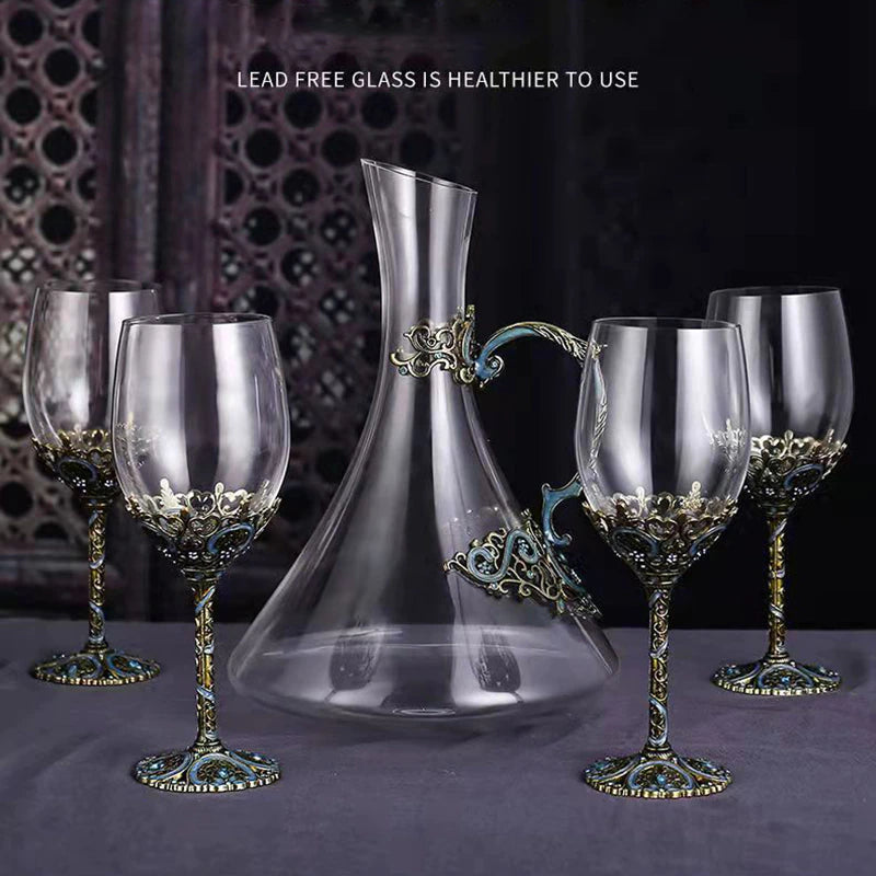 ALDO Kitchen & Dining > Tableware > Drinkware Four Enamel Wine Glasses and One Wine Decanter Set / Crystal / Wine Glass: 21.5 x 6.7 x 6.5cm. Decanter: 24cm x 19 cm x 5.5 cm Custom Made Vintage Enamel Lead Free Crystal Goblets Wine Glasses and Wine Decanter Set