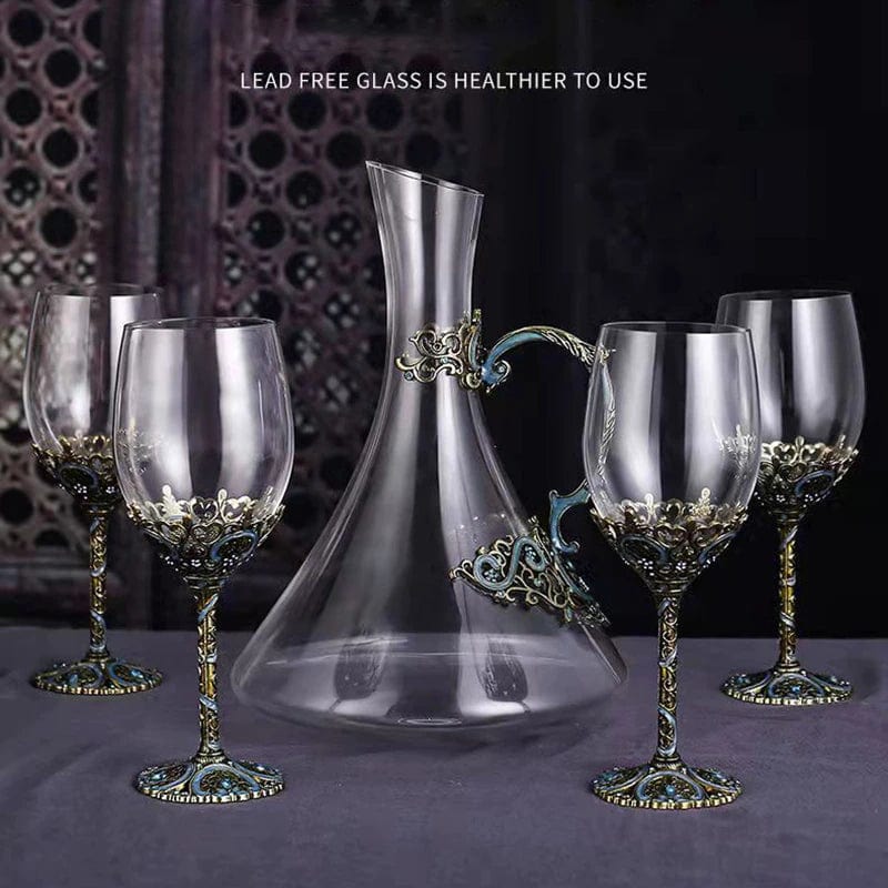 ALDO Kitchen & Dining > Tableware > Drinkware Four Enamel Wine Glasses and One Wine Decanter Set / Crystal / Wine Glass: 21.5 x 6.7 x 6.5cm. Decanter: 24cm x 19 cm x 5.5 cm Custom Made Vintage Enamel Lead Free Crystal Goblets Wine Glasses and Wine Decanter Set