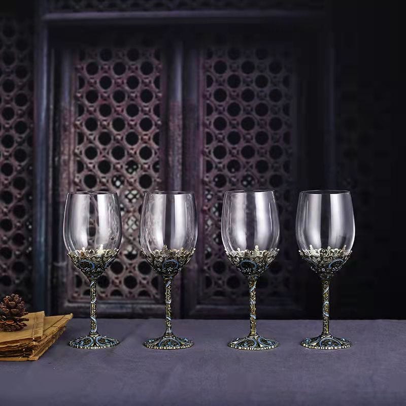 ALDO Kitchen & Dining > Tableware > Drinkware Four Enamel Wine Glasses and One Wine Decanter Set / Crystal / Wine Glass: 21.5 x 6.7 x 6.5cm. Decanter: 24cm x 19 cm x 5.5 cm Custom Made Vintage Enamel Lead Free Crystal Goblets Wine Glasses and Wine Decanter Set