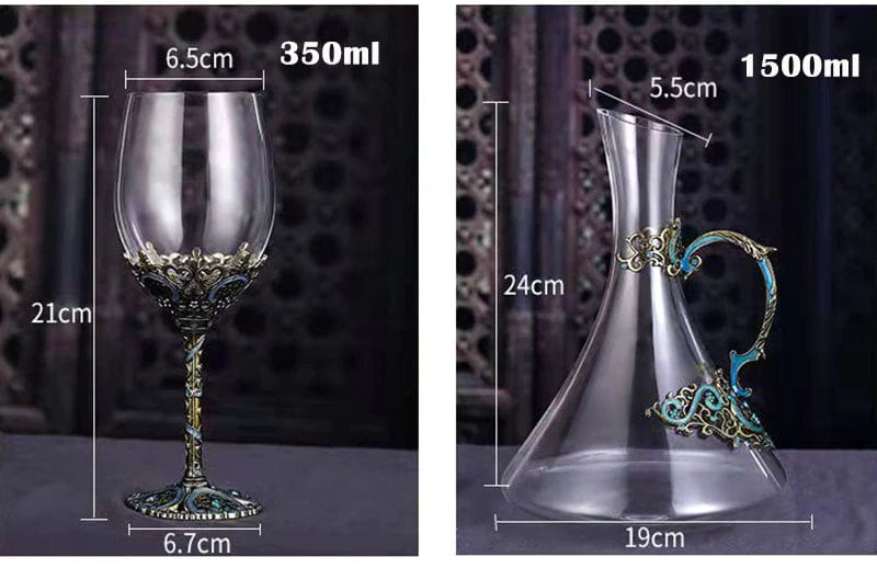 ALDO Kitchen & Dining > Tableware > Drinkware Four Enamel Wine Glasses and One Wine Decanter Set / Crystal / Wine Glass: 21.5 x 6.7 x 6.5cm. Decanter: 24cm x 19 cm x 5.5 cm Custom Made Vintage Enamel Lead Free Crystal Goblets Wine Glasses and Wine Decanter Set