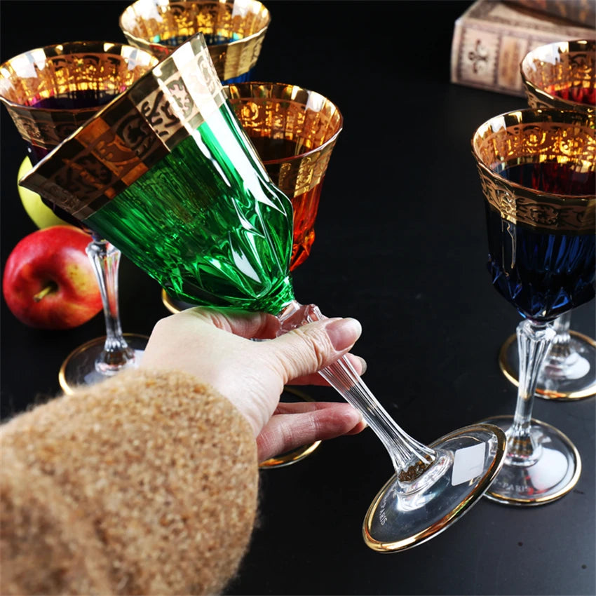 ALDO Kitchen & Dining > Tableware > Drinkware Gleen Luxury Bohemian Lead Free Hand Cut and Hand Blown Crystal Multicolor Wine Goblets Champagne Glasses with Real Gold leaf