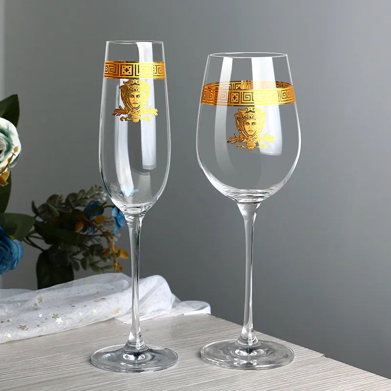 ALDO Kitchen & Dining > Tableware > Drinkware Lead- Free Crystal Luxury Versace Style Hand Cut and Blown 24 Karat Gold Plated Glasses for Whisky Shampaign Vodka Cocktails