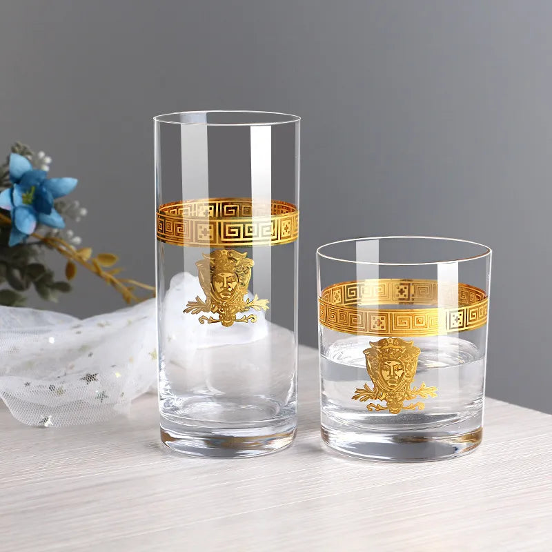 ALDO Kitchen & Dining > Tableware > Drinkware Lead- Free Crystal Luxury Versace Style Hand Cut and Blown 24 Karat Gold Plated Glasses for Whisky Shampaign Vodka Cocktails