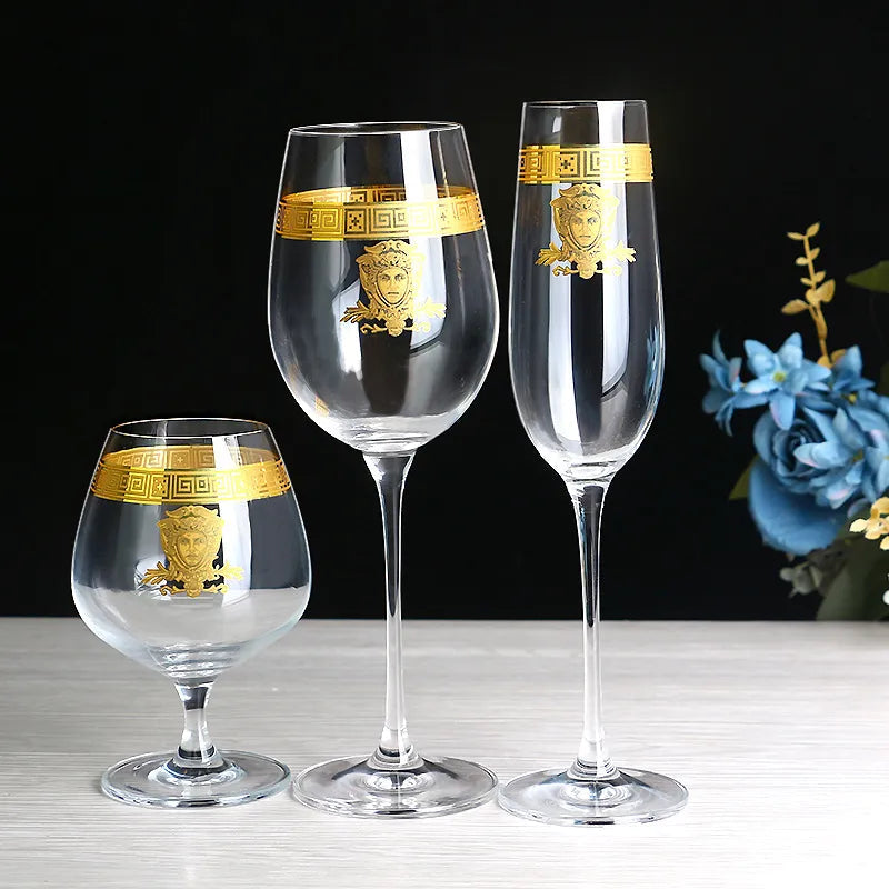 ALDO Kitchen & Dining > Tableware > Drinkware Lead- Free Crystal Luxury Versace Style Hand Cut and Blown 24 Karat Gold Plated Glasses for Whisky Shampaign Vodka Cocktails
