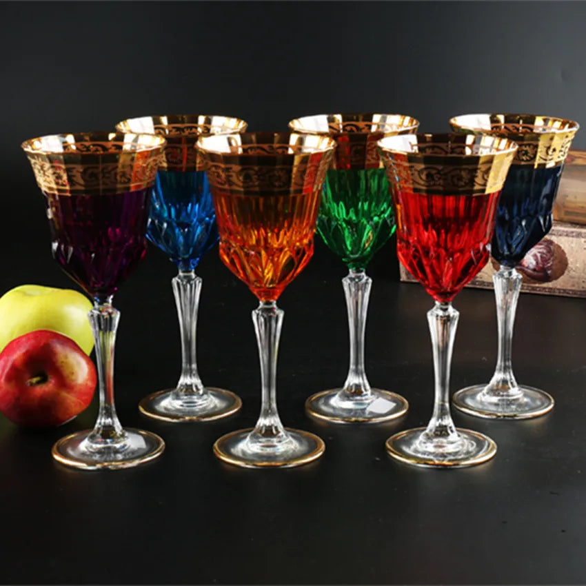 ALDO Kitchen & Dining > Tableware > Drinkware Luxury Bohemian Lead Free Hand Cut and Hand Blown Crystal Multicolor Wine Goblets Champagne Glasses with Real Gold leaf