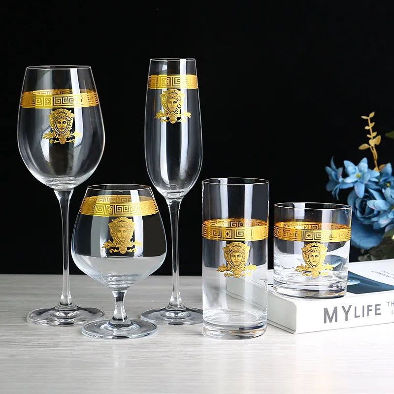 ALDO Kitchen & Dining > Tableware > Drinkware Medusa Style Gold Plated Set / Crystal Lead Free Lead- Free Crystal Luxury Versace Style Hand Cut and Blown 24 Karat Gold Plated Glasses for Whisky Shampaign Vodka Cocktails