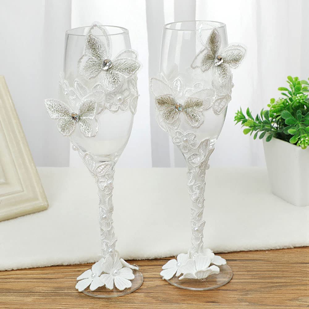 ALDO Kitchen & Dining > Tableware > Drinkware New / Lead free Crystal / 2.5 x 8.4 x 2.5 Inches Eligant Laxury Bride and Groom Dressed In Rhinestone Bridal Set Lead Free Crystal Champagne Wine Glasses with Cake Knife and Shovel