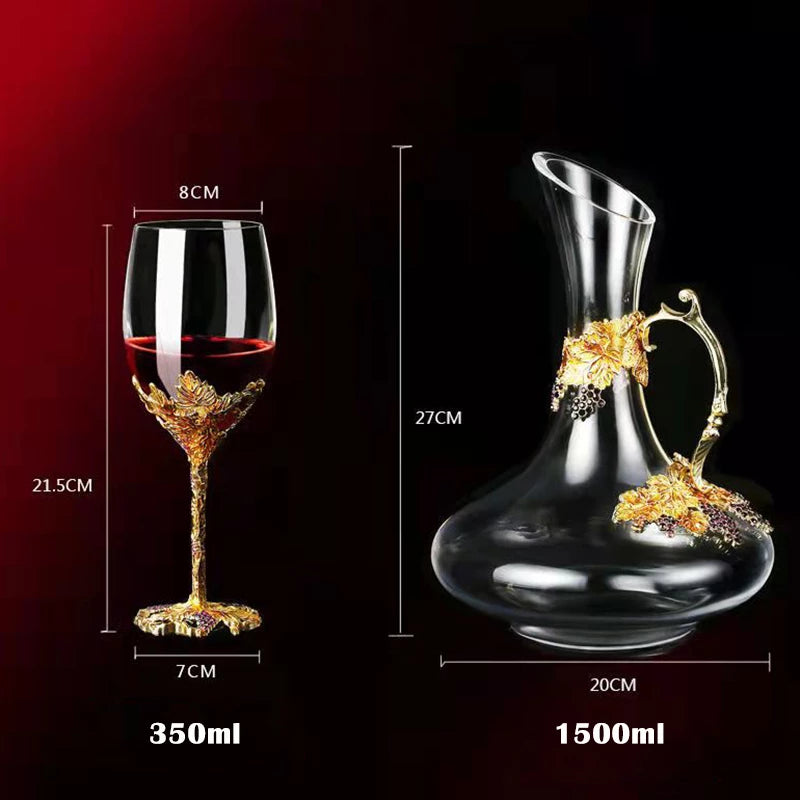ALDO Kitchen & Dining > Tableware > Drinkware One Enamel Wine Glass / Crystal / Wine Glass: 21.5cm x 7cm x 8 cm. Wine Decanter: 27cm x 20 cm x 5.5 cm Golden Grape Vintage Enamel Lead Free Crystal Goblet Wine Glasses and Wine Decanter