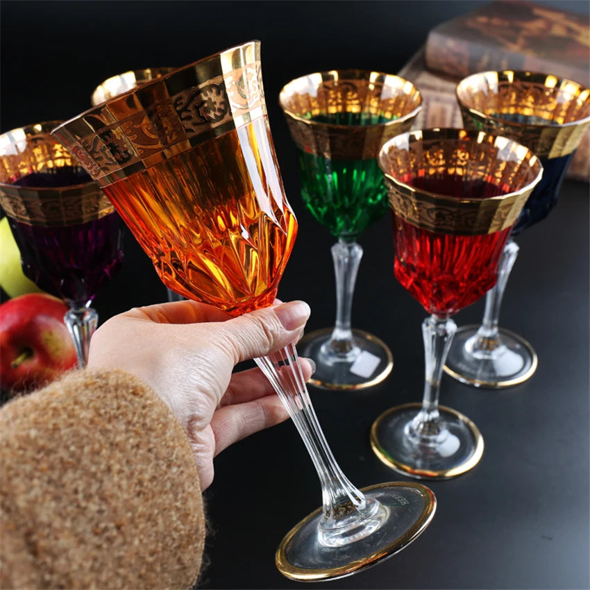 ALDO Kitchen & Dining > Tableware > Drinkware Orange Luxury Bohemian Lead Free Hand Cut and Hand Blown Crystal Multicolor Wine Goblets Champagne Glasses with Real Gold leaf