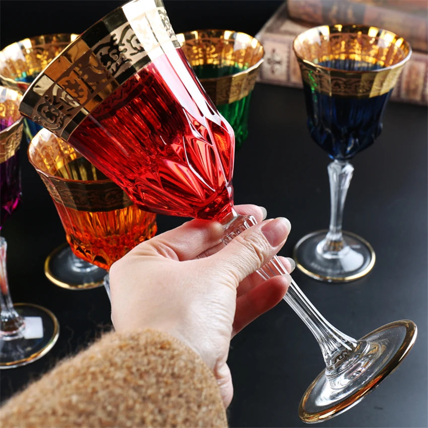 ALDO Kitchen & Dining > Tableware > Drinkware Red Luxury Bohemian Lead Free Hand Cut and Hand Blown Crystal Multicolor Wine Goblets Champagne Glasses with Real Gold leaf