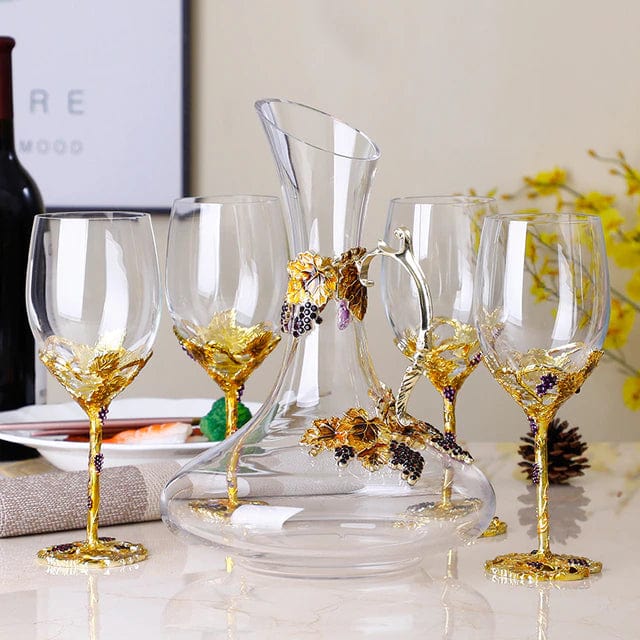 ALDO Kitchen & Dining > Tableware > Drinkware Set of Four Enamel Wine Glass and Wine Decanter Set / Crystal / Wine Glass: 21.5cm x 7cm x 8 cm. Wine Decanter: 27cm x 20 cm x 5.5 cm Wine Grape Design Enamel Lead Free Crystal Goblet Wine Glasses and Wine Decanter