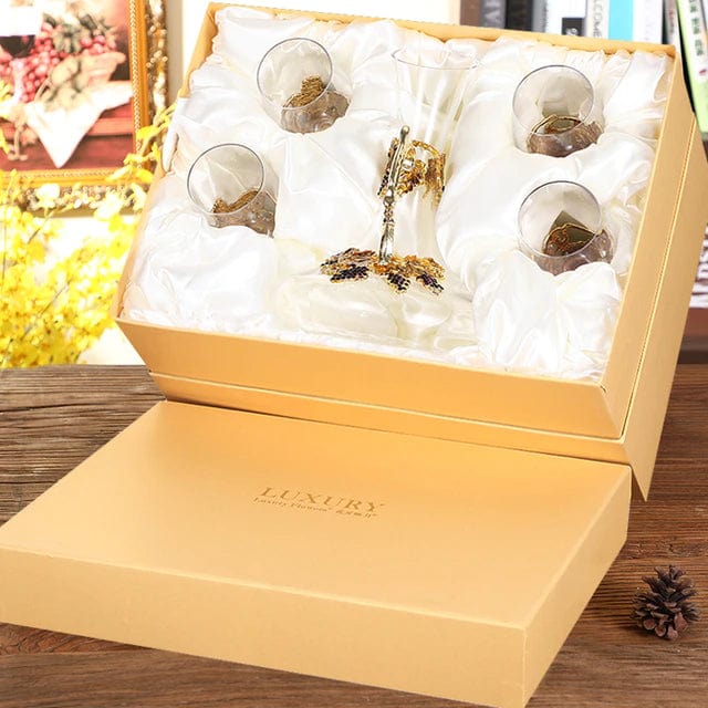 ALDO Kitchen & Dining > Tableware > Drinkware Set of Four Enamel Wine Glass and Wine Decanter Set in the Gift Box / Crystal / Wine Glass: 21.5cm x 7cm x 8 cm. Wine Decanter: 27cm x 20 cm x 5.5 cm Wine Grape Design Enamel Lead Free Crystal Goblet Wine Glasses and Wine Decanter