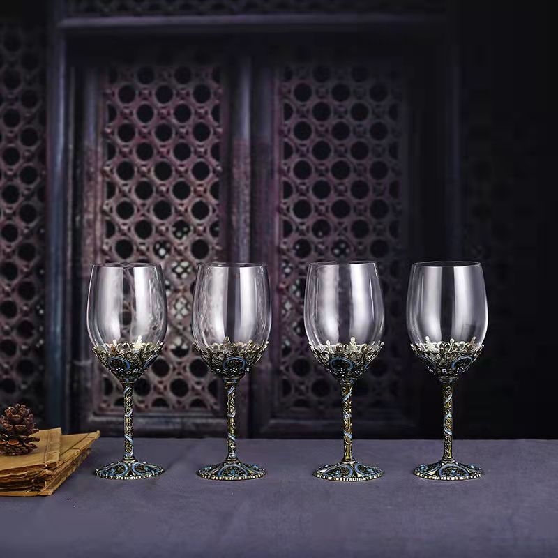 ALDO Kitchen & Dining > Tableware > Drinkware Set of Four Enamel Wine Glass / Crystal / Wine Glass: 21.5 x 6.7 x 6.5cm. Decanter: 24cm x 19 cm x 5.5 cm Custom Made Vintage Enamel Lead Free Crystal Goblet Wine Glasses and Wine Decanter