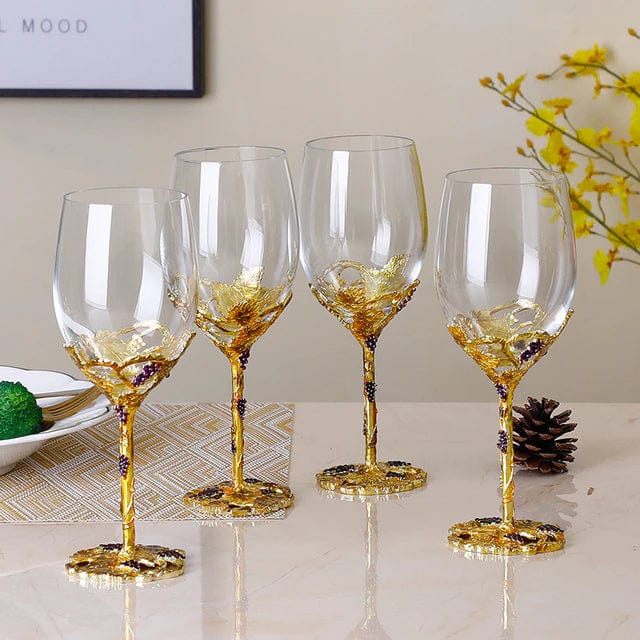ALDO Kitchen & Dining > Tableware > Drinkware Set of Four Enamel Wine Glasses / Crystal / Wine Glass: 21.5cm x 7cm x 8 cm. Wine Decanter: 27cm x 20 cm x 5.5 cm Wine Grape Design Enamel Lead Free Crystal Goblet Wine Glasses and Wine Decanter