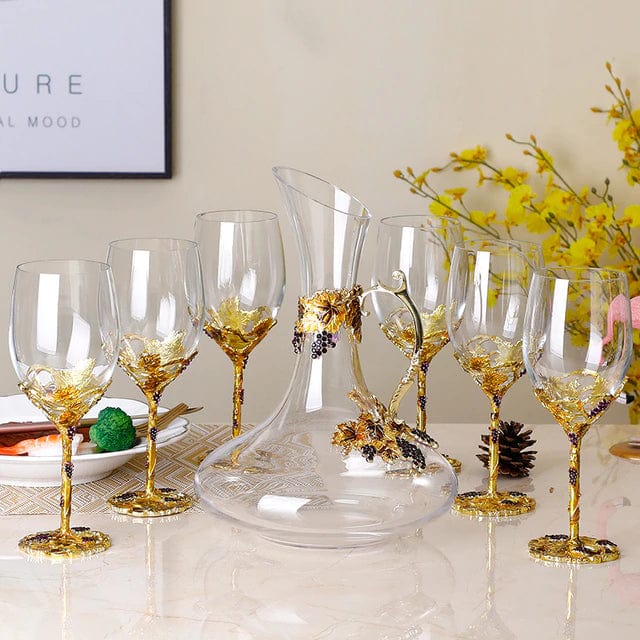 ALDO Kitchen & Dining > Tableware > Drinkware Set of Six Enamel Wine Glass and Wine Decanter Set / Crystal / Wine Glass: 21.5cm x 7cm x 8 cm. Wine Decanter: 27cm x 20 cm x 5.5 cm Wine Grape Design Enamel Lead Free Crystal Goblet Wine Glasses and Wine Decanter