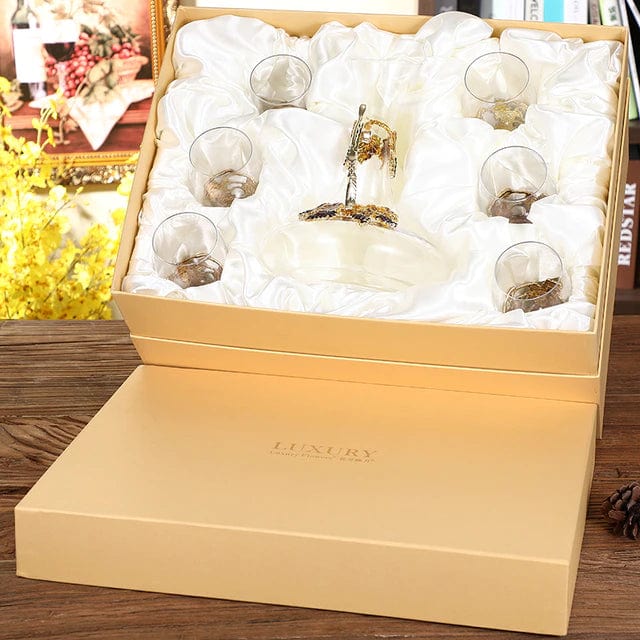 ALDO Kitchen & Dining > Tableware > Drinkware Set of Six Enamel Wine Glass and Wine Decanter Set in the Gift Box / Crystal / Wine Glass: 21.5cm x 7cm x 8 cm. Wine Decanter: 27cm x 20 cm x 5.5 cm Wine Grape Design Enamel Lead Free Crystal Goblet Wine Glasses and Wine Decanter