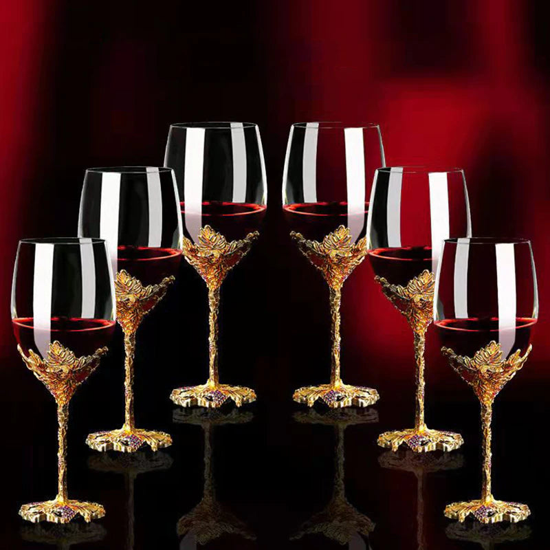ALDO Kitchen & Dining > Tableware > Drinkware Set of Six Enamel Wine Glass / Crystal / Wine Glass: 21.5cm x 7cm x 8 cm. Wine Decanter: 27cm x 20 cm x 5.5 cm Golden Grape Vintage Enamel Lead Free Crystal Goblet Wine Glasses and Wine Decanter