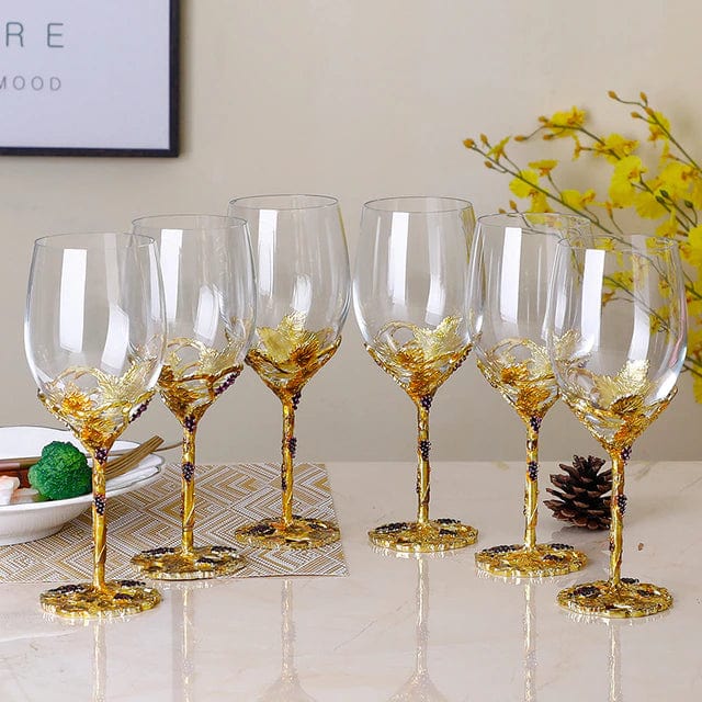 ALDO Kitchen & Dining > Tableware > Drinkware Set of Six Enamel Wine Glasses / Crystal / Wine Glass: 21.5cm x 7cm x 8 cm. Wine Decanter: 27cm x 20 cm x 5.5 cm Wine Grape Design Enamel Lead Free Crystal Goblet Wine Glasses and Wine Decanter