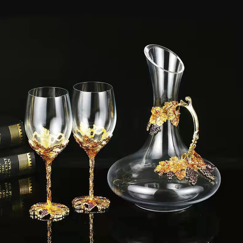 ALDO Kitchen & Dining > Tableware > Drinkware Set of Two Enamel Wine Glass and Wine Decanter Set / Crystal / Wine Glass: 21.5cm x 7cm x 8 cm. Wine Decanter: 27cm x 20 cm x 5.5 cm Golden Grape Vintage Enamel Lead Free Crystal Goblet Wine Glasses and Wine Decanter