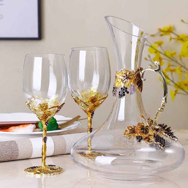 ALDO Kitchen & Dining > Tableware > Drinkware Set of Two Enamel Wine Glass and Wine Decanter Set / Crystal / Wine Glass: 21.5cm x 7cm x 8 cm. Wine Decanter: 27cm x 20 cm x 5.5 cm Wine Grape Design Enamel Lead Free Crystal Goblet Wine Glasses and Wine Decanter