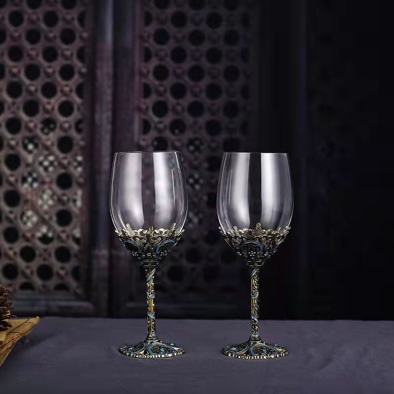 ALDO Kitchen & Dining > Tableware > Drinkware Set of Two Enamel Wine Glass / Crystal / Wine Glass: 21.5 x 6.7 x 6.5cm. Decanter: 24cm x 19 cm x 5.5 cm Custom Made Vintage Enamel Lead Free Crystal Goblet Wine Glasses and Wine Decanter
