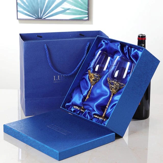 ALDO Kitchen & Dining > Tableware > Drinkware Set of Two Enamel Wine Glass in the Gift Box / Crystal / Wine Glass: 21.5cm x 7cm x 8 cm. Wine Decanter: 27cm x 20 cm x 5.5 cm Wine Grape Design Enamel Lead Free Crystal Goblet Wine Glasses and Wine Decanter