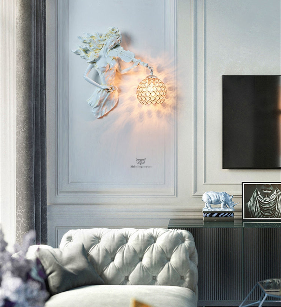 ALDO Lighting > Lighting Fixtures > Ceiling Light Fixtures 20 "H x 18.5" W Lampshade diameter is 6.9 inch. / Antique White / resin and grlass European Retro Sculptural Woman with Violin Lamp Sconce Light, Indoor Fixture