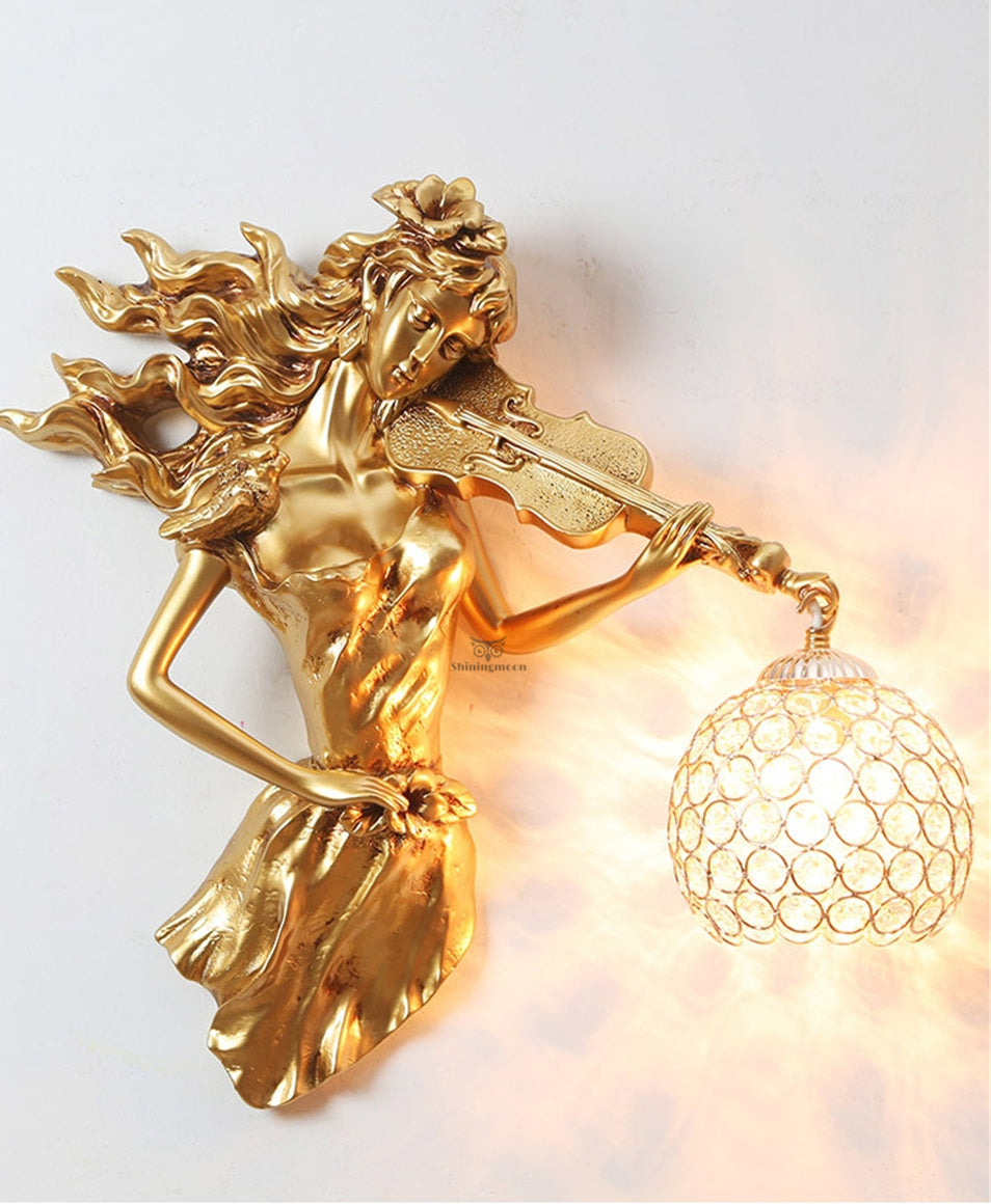 ALDO Lighting > Lighting Fixtures > Ceiling Light Fixtures 20 "H x 18.5" W Lampshade diameter is 6.9 inch. / Gold / resin and grlass European Retro Sculptural Woman with Violin Lamp Sconce Light, Indoor Fixture