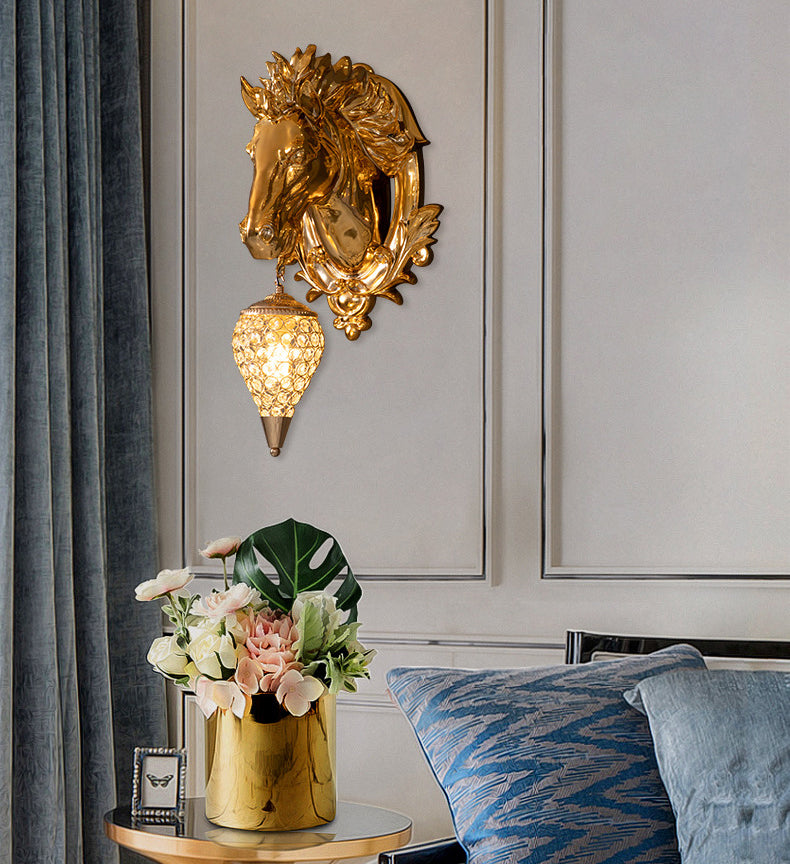 ALDO Lighting > Lighting Fixtures > Ceiling Light Fixtures 22.44 " L x 14.17 " W x 9.84 " H. Lampshade diameter is 6.29 inch. / Gold / resin and grlass European Retro Sculptural Golden Horse Head Lamp Sconce Light, Indoor Fixture
