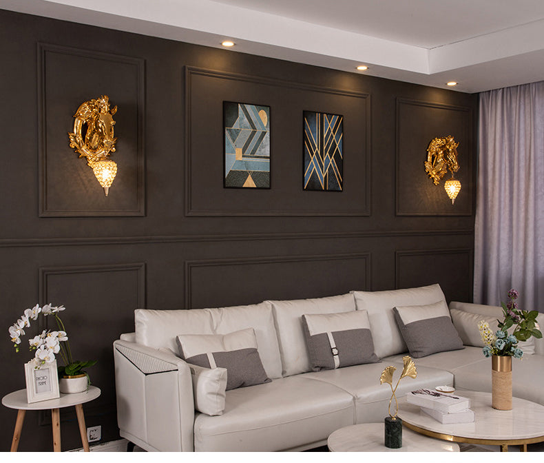 ALDO Lighting > Lighting Fixtures > Ceiling Light Fixtures 22.44 " L x 14.17 " W x 9.84 " H. Lampshade diameter is 6.29 inch. / Gold / resin and grlass European Retro Sculptural Golden Horse Head Lamp Sconce Light, Indoor Fixture