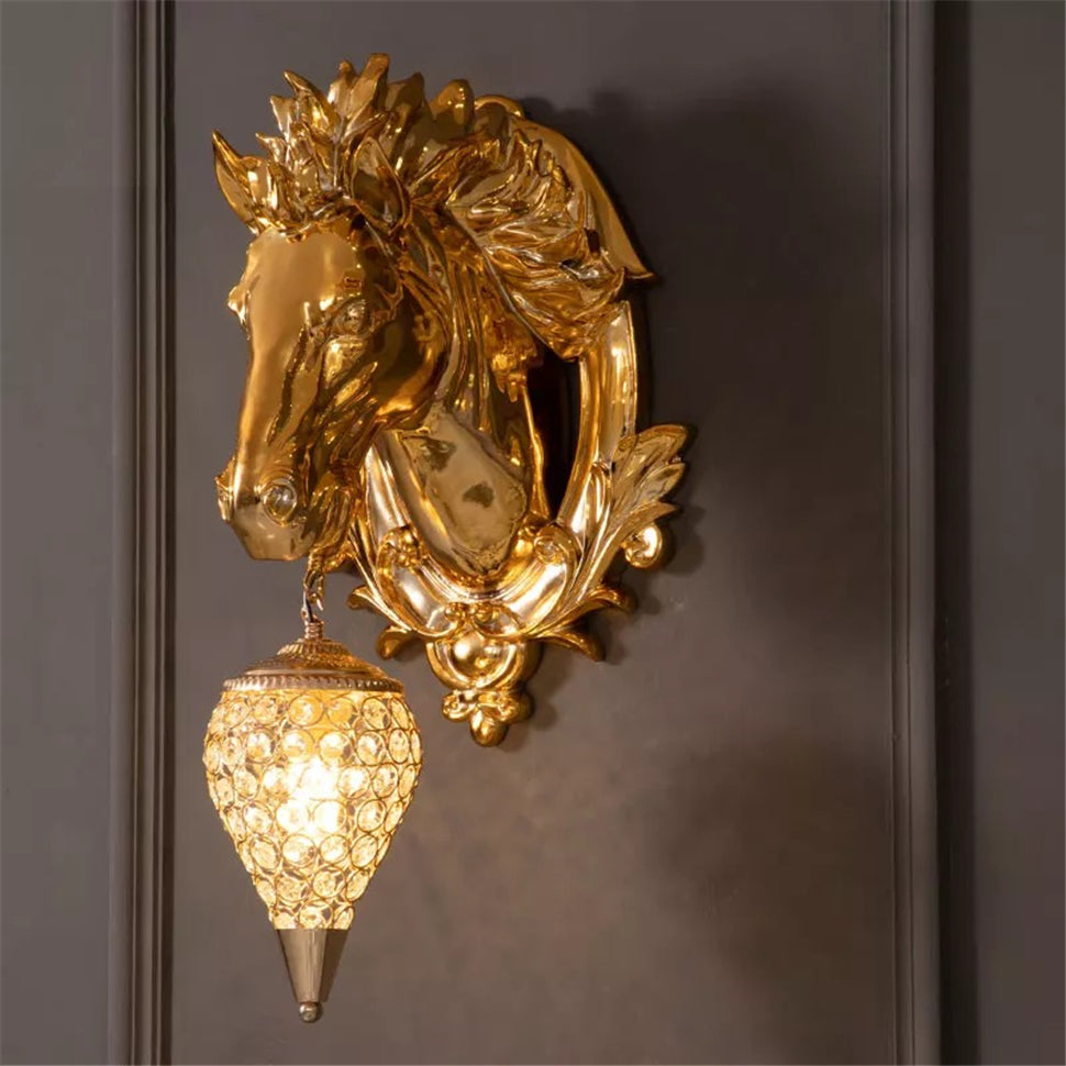 ALDO Lighting > Lighting Fixtures > Ceiling Light Fixtures 22.44 " L x 14.17 " W x 9.84 " H. Lampshade diameter is 6.29 inch. / Gold / resin and grlass European Retro Sculptural Golden Horse Head Lamp Sconce Light, Indoor Fixture