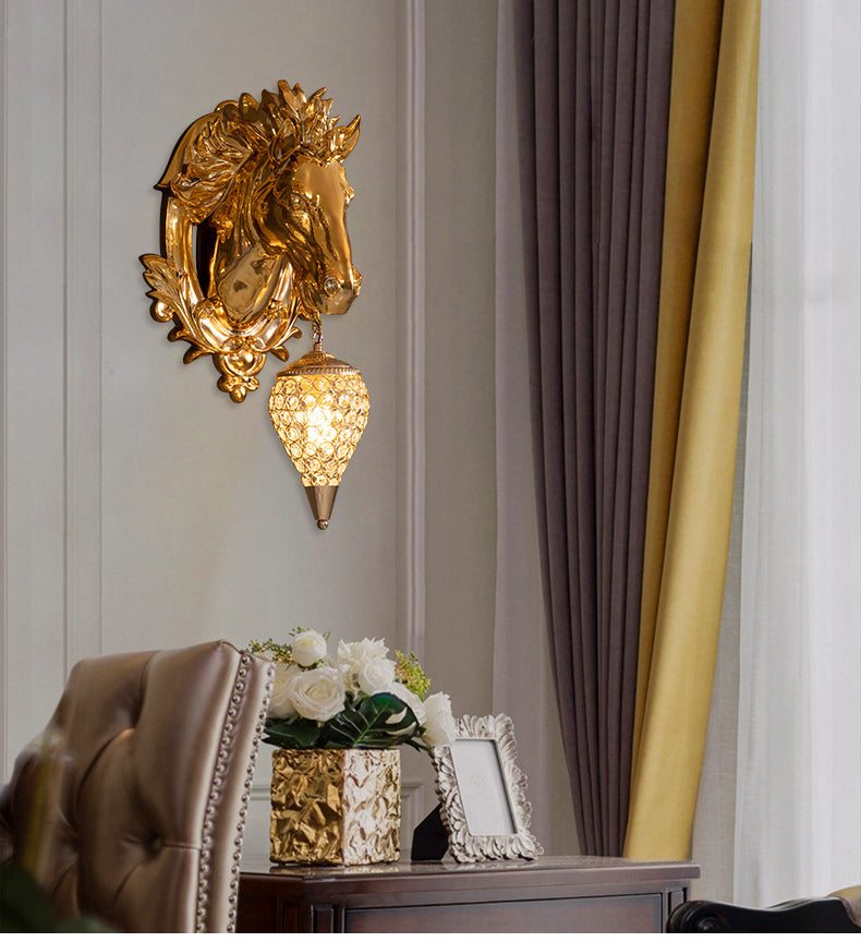 ALDO Lighting > Lighting Fixtures > Ceiling Light Fixtures 22.44 " L x 14.17 " W x 9.84 " H. Lampshade diameter is 6.29 inch. / Gold / resin and grlass European Retro Sculptural Golden Horse Head Lamp Sconce Light, Indoor Fixture