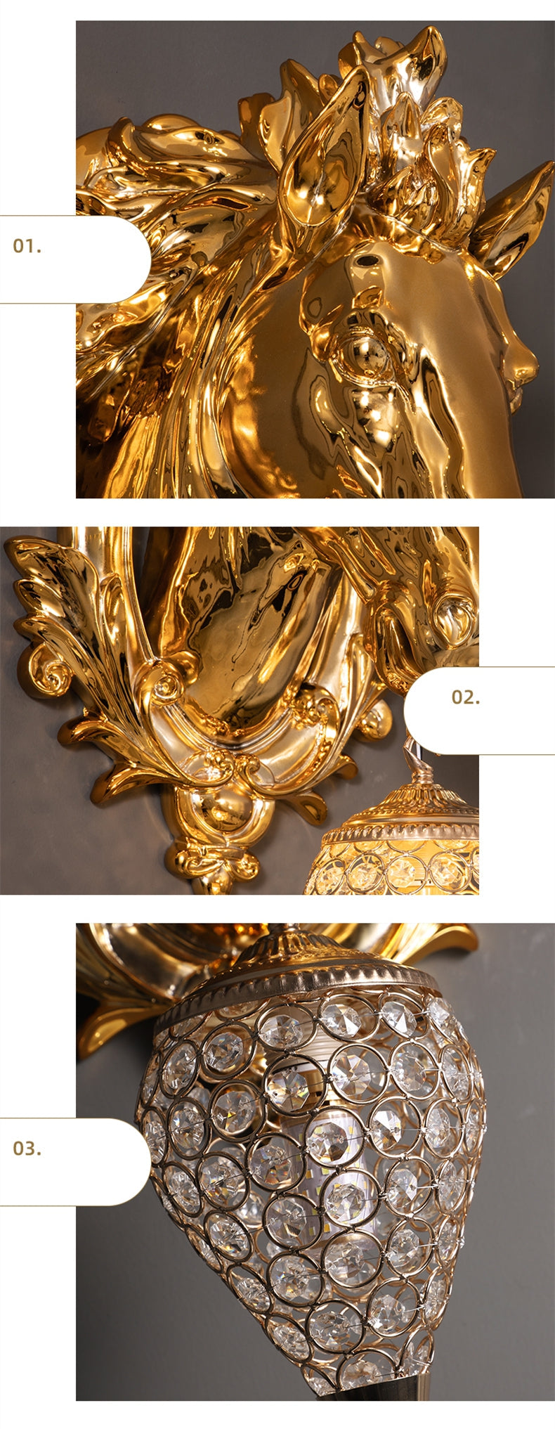 ALDO Lighting > Lighting Fixtures > Ceiling Light Fixtures 22.44 " L x 14.17 " W x 9.84 " H. Lampshade diameter is 6.29 inch. / Gold / resin and grlass European Retro Sculptural Golden Horse Head Lamp Sconce Light, Indoor Fixture